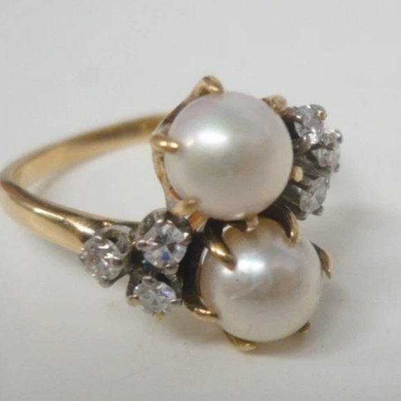 Estate 14K Akoya Pearls Diamond Ring Size 6 - Picture 1 of 12